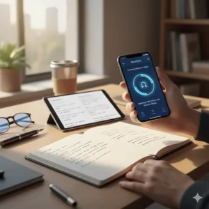 Illustration of a smart notebook for university note-taking being scanned by a smartphone to sync notes to a cloud drive.