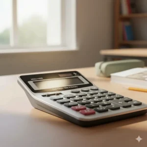 An illustration of a dual-power scientific calculator under $50, showing solar and battery options for reliable use in Canadian classrooms.