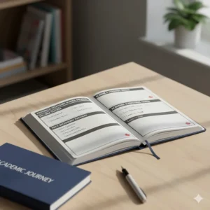 An artistic graphic of a high school student tracking credits and volunteer hours required for a Canadian provincial secondary school diploma.