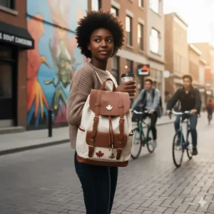 Trendy and aesthetic backpack for high school students featured in a minimalist urban setting.