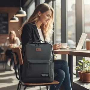 A student in a café with a stylish laptop backpack; the bag features a subtle maple leaf tag or bilingual (English/French) branding.