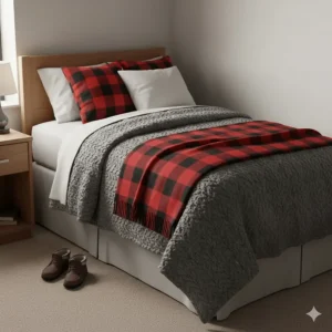 Photorealistic Twin XL dorm bed with a grey textured duvet, buffalo plaid pillows, and winter boots on the floor in a Canadian student residence.