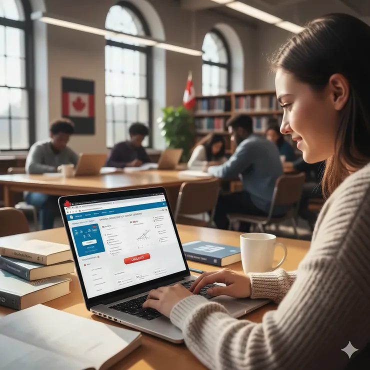 A Canadian university student using an online calculator for university calculus on a laptop in a campus library, featuring a red maple leaf decal.