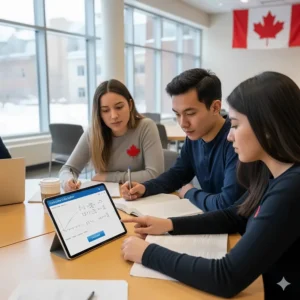 Canadian students collaborating on a calculus assignment using a specialized online calculator for university-level math.