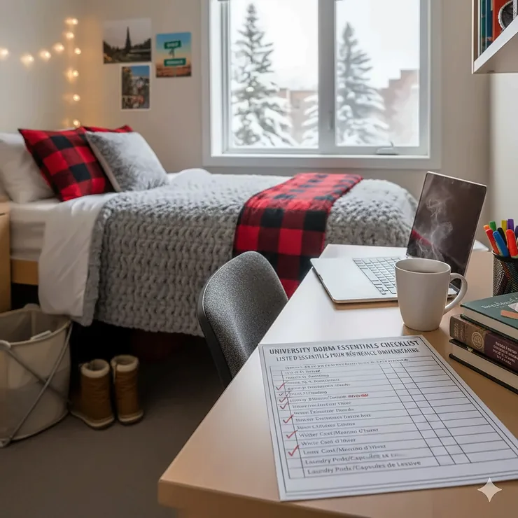 A detailed Canadian university dorm room featuring buffalo plaid bedding, a snowy window view, and a printed bilingual essentials checklist on the desk.