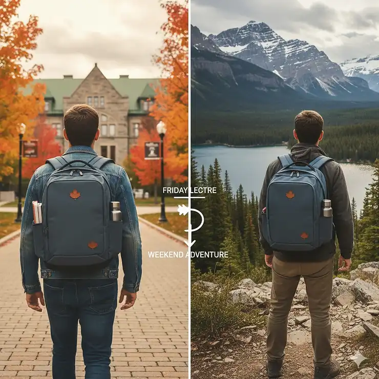 A versatile laptop backpack for university students being used for both a Friday lecture and a weekend hike in the Canadian Rockies.