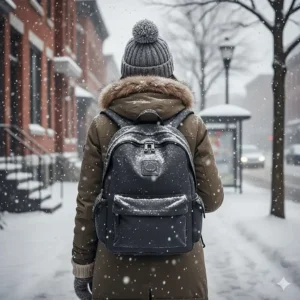 A waterproof backpack for high school students being used during a snowy winter day in a Canadian city.