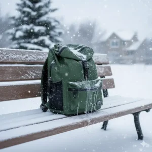 An illustrated waterproof backpack with a water-resistant coating shedding melting snow and slush, perfect for Canadian commutes.