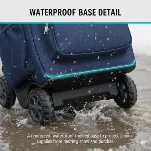 Close-up illustration of a reinforced, waterproof molded base to protect school supplies from melting snow and puddles.