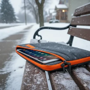 A padded, waterproof laptop sleeve protecting a student's tablet from moisture and salt during a snowy walk to school.