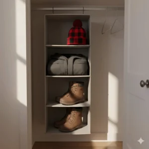 A hanging closet organizer in a dorm room holding a red and black tuque, a winter parka, and heavy-duty Canadian winter boots.