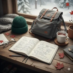 Flat-lay illustration of notebooks for university note-taking alongside a warm toque and a commute-ready backpack for Canadian winters.