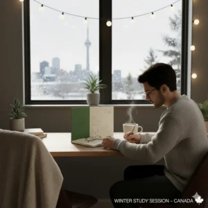 Illustration of a cozy indoor study space in Toronto with a recycled paper notebook, overlooking a snowy street.