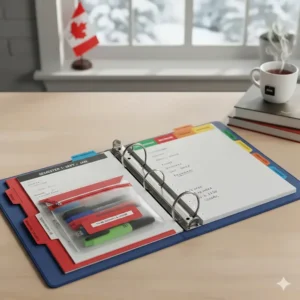A well-organized 3-ring binder organization system for Canadian students featuring bilingual subject tabs and a semester planner.