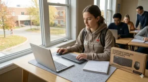 A clean, high-contrast illustration of a budget-friendly wireless keyboard and mouse set designed for Canadian high school students.