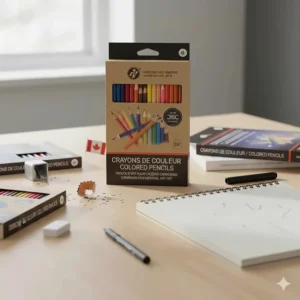 Close-up of colored pencils for high school art class with English and French (crayons de couleur) labeling.