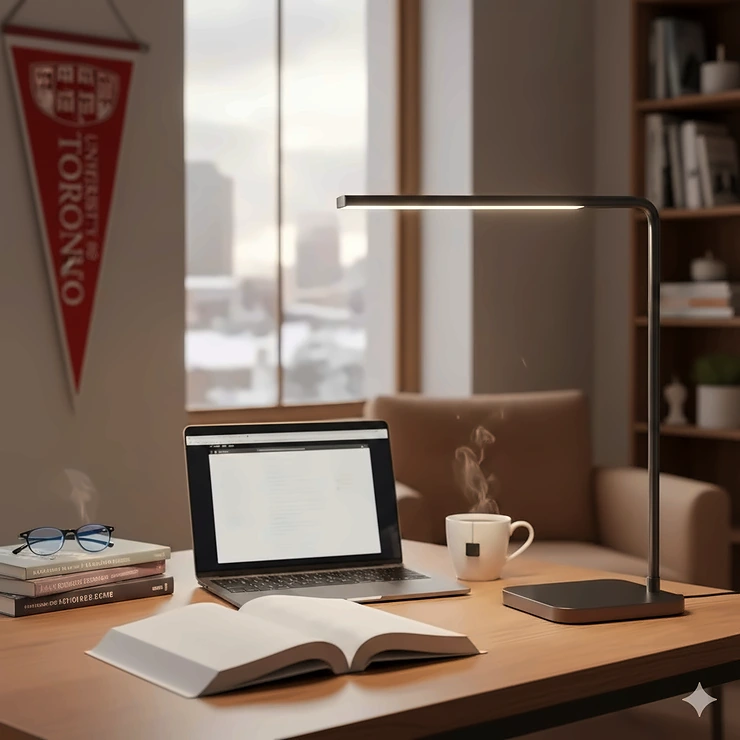 A modern LED desk lamp for studying university students on a wooden desk in a Toronto apartment, featuring adjustable brightness for late-night exam prep.