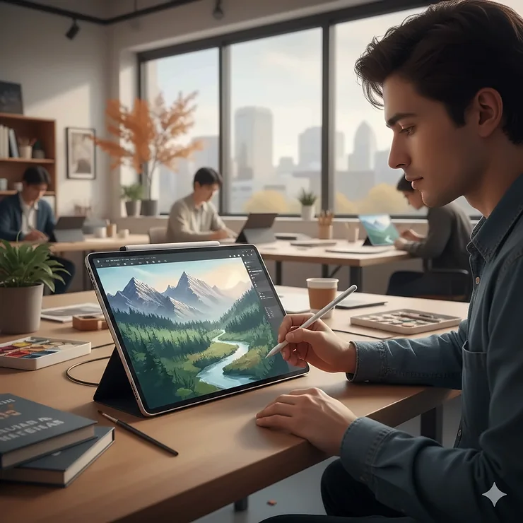 A digital art student in a bright Canadian university studio using a professional stylus and tablet to sketch a landscape, focusing on the high-resolution screen.