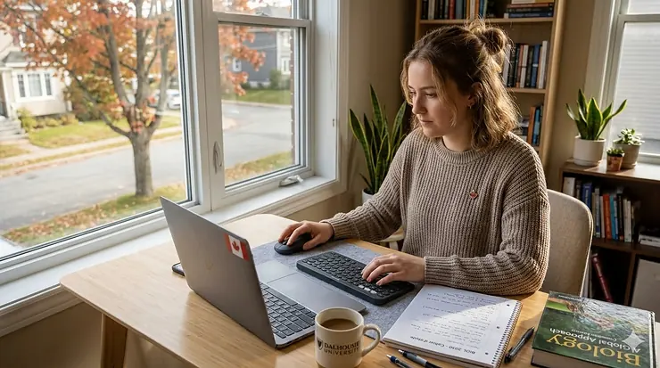 A Canadian student using a wireless keyboard and mouse on a modern desk with a view of a maple tree through the window.