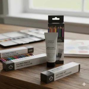 Close-up of art supply packaging with English and French labeling, ideal for the Quebec and Ontario markets.