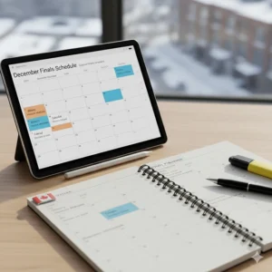 A digital and paper-based study planner for December finals featuring English and French headings for Canadian university students.