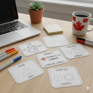 Visual learner flashcards featuring hand-drawn diagrams and bilingual English and French vocabulary terms for Canadian students.