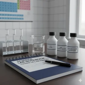 Science lab notebook and supplies with bilingual English and French labeling, meeting Canadian educational standards for secondary schools.