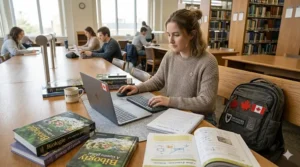 A student at a library table using a wireless keyboard and mouse to type a bilingual English-French essay on a laptop.