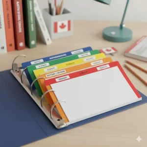 Color-coded 3-ring binder dividers with English and French labels like Math/Mathématiques and Science/Sciences.