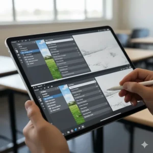 Close-up of a tablet for digital art students showing design software menus in both English and French.