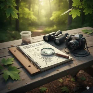 A portable science lab notebook and magnifying glass for Canadian high school students conducting outdoor ecology field studies.