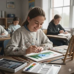 A middle school student in Canada using a complete art kit to paint a landscape in a creative arts class.