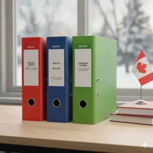 An illustration showing three different coloured binders representing different subjects for the Ontario or BC curriculum.