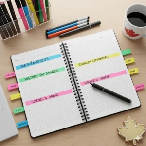 An overhead view of a notebook using a color-coding system with highlighters and sticky notes for Canadian high school subjects.