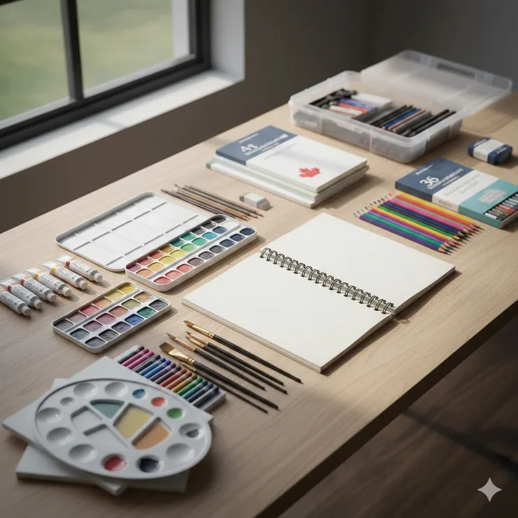 A complete art supply kit for middle school students featuring sketchbooks, acrylic paints, and brushes on a desk in a bright Canadian classroom.