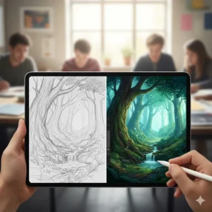 A split-screen illustration showing a tablet for digital art students transitioning from a rough sketch to a finished digital painting.
