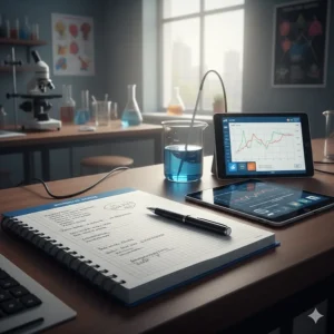 A modern high school lab desk featuring a traditional science lab notebook next to a digital pH probe and tablet for advanced STEM learning.
