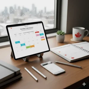 A tablet showing a calendar app synced for December finals alongside physical exam preparation supplies on a wooden desk.