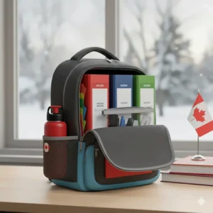 A diagram showing how a 3-ring binder organization system fits vertically into a standard Canadian student backpack.