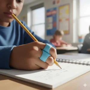 Close-up of a student’s hand using a soft, ergonomic pencil grip to improve fine motor control and comfort during writing tasks.