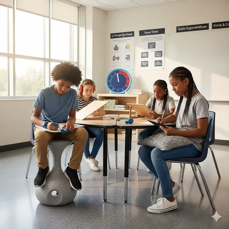A diverse group of Canadian middle school students using ergonomic school supplies for ADHD, including wobble stools and tactile grips, in a bright, modern classroom ergonomic school supplies for students with ADHD