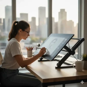 A student at a desk using an ergonomic stand with their drawing tablet to prevent strain during long study sessions.