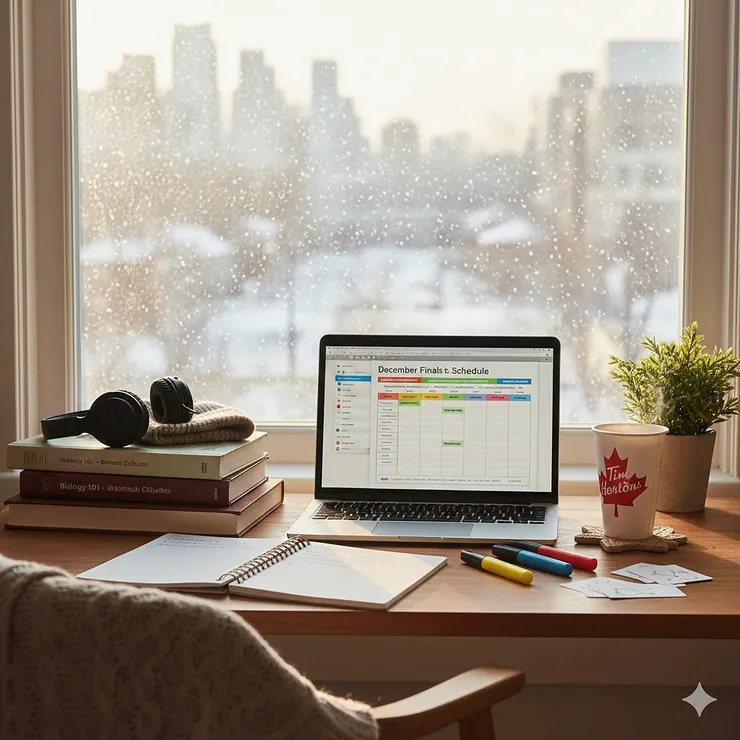 A cozy Canadian student desk with exam preparation supplies for December finals, featuring a laptop, highlighters, and a Tim Hortons cup near a frosty window.
