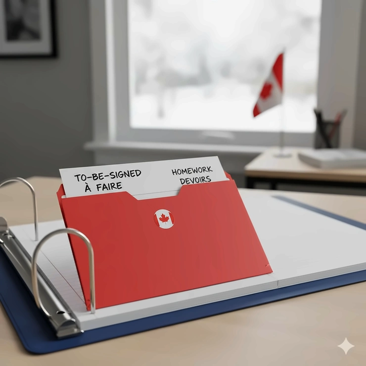 A bright red slash folder at the front of a binder used for urgent "To-Be-Signed" school forms and homework.