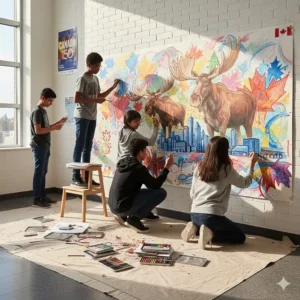 Diverse group of Canadian teenagers working on a mural using various colored pencils for high school art class.