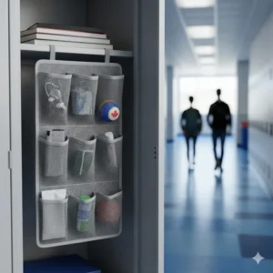 Multi-pocket hanging locker caddy used as a high school locker organization supply for small items.