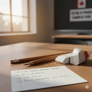 Two sharpened No. 2 HB pencils and a soft eraser, key items on the SAT exam supplies allowed list for Canadian students.