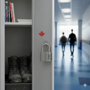 A high-quality combination lock secured on a high school locker with interior organizational shelving.