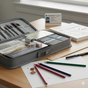 An organized art kit including a sharpener, eraser, and colored pencils for high school art class students in Ontario.