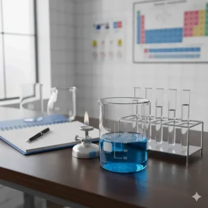 High-quality glass beakers and test tubes used alongside a science lab notebook for high school chemistry experiments.